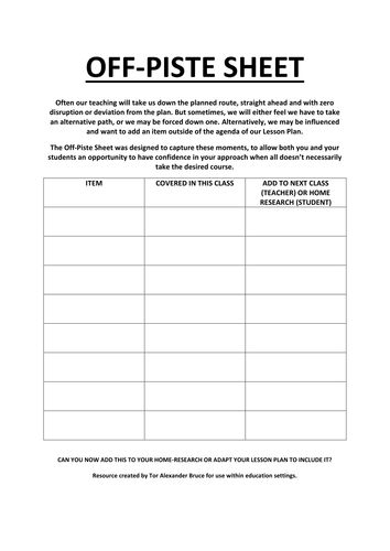 INNOVATIVE LESSON PLANNING - OFF-PISTE SHEET
