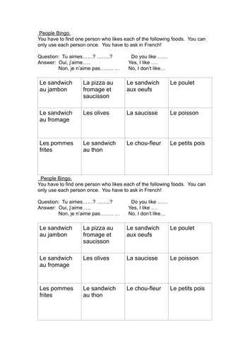 Food reading sheet and bingo game