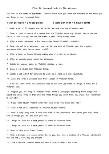 The Victorians Homework Tasks