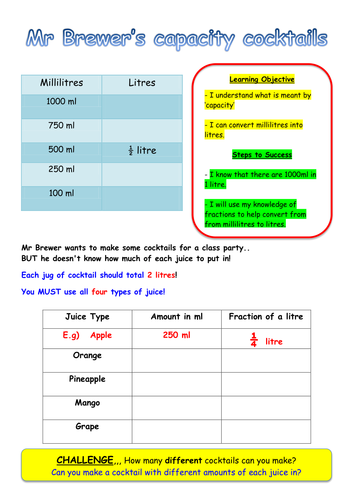 Capacity - Ml and fractions of a litre