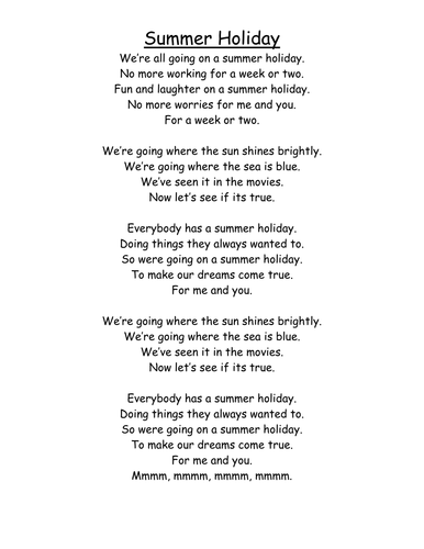 'Summer Holiday' lyrics sheet