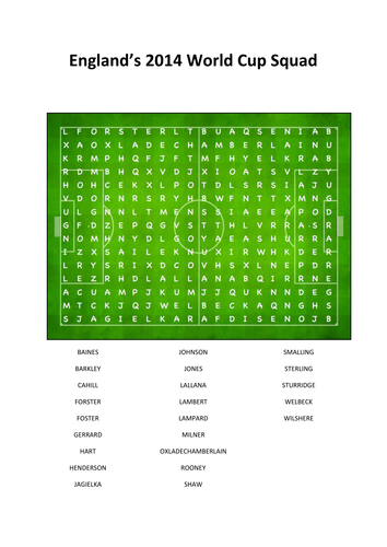 England's world cup squad wordsearch