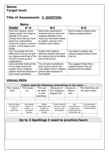 Edexcel C question student assessment sheet