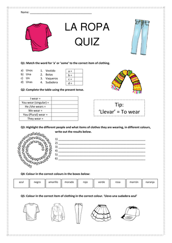 pre worksheet printable k for Teaching  Jumbo  Drezella by La Quiz Resources Ropa Spanish