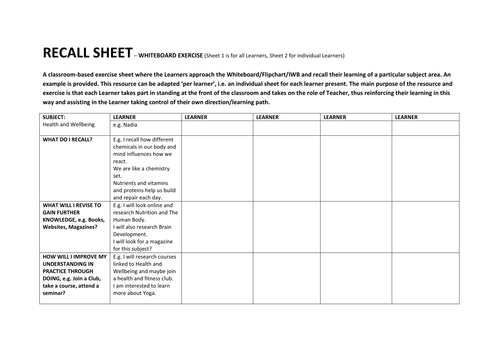RECALL SHEET - EVALUATING LEARNER KNOWLEDGE