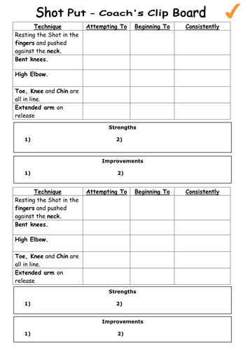 shot put assessment tick sheet