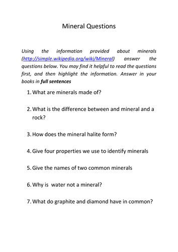 Minerals comprehension task | Teaching Resources