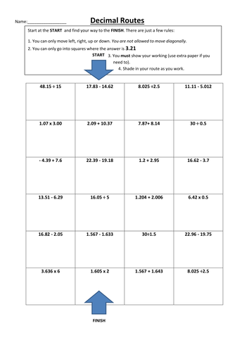 Decimal Routes - Calculations involving decimals
