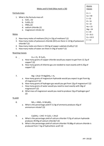 Moles and per centage yield questions