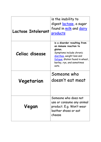 Allergies and dietary needs match up task