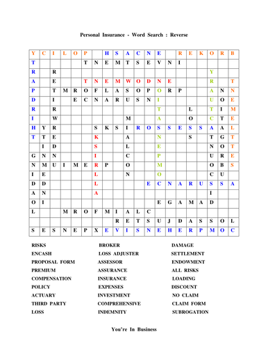 Word Search Insurance Personal Teaching Resources