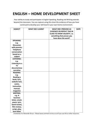 ENGLISH - HOME STUDY SHEET FOR STUDENTS