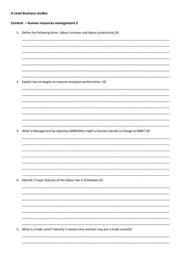 Further Human Resources Management work sheet