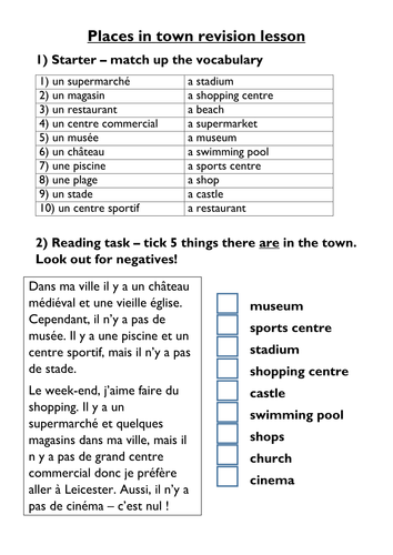 FUN FRENCH Match up Activity Les Magasins (Shops) - A la ville - In town -  KS2/KS3 French MFL