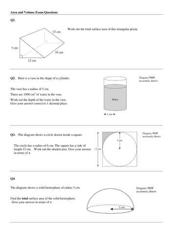 Volume and Area  - A/A* GCSE questions