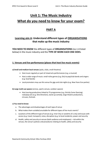 Unit 1 The Music Industry Revision Guide