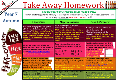Take Away Homeworks for KS3