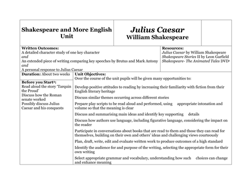 Unit of Work for Shakespeare's Julius Caesar