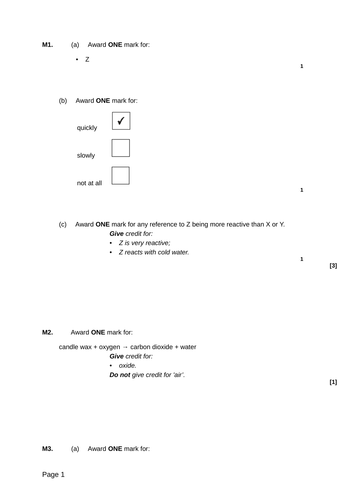 Chemical Reactions - Levelled SATs questions