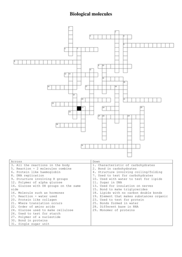 Revision crossword on Biological Molecules F212