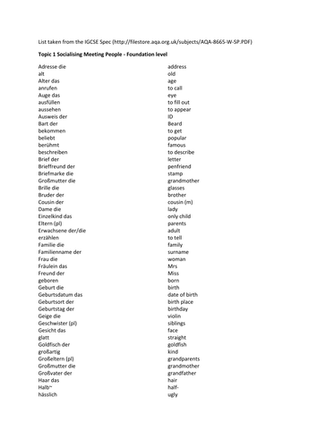 AQA IGCSE German Vocabulary List