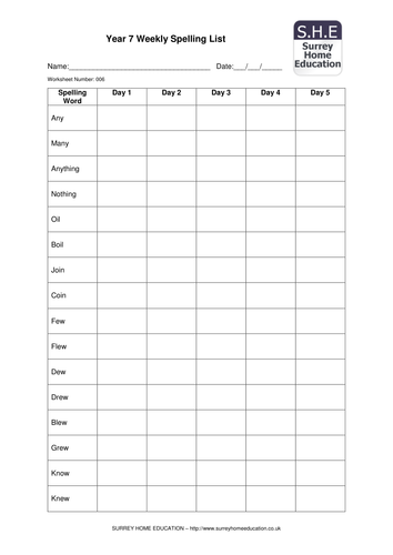 year 7 weekly spelling lists teaching resources