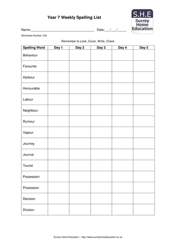Year 7 Weekly Spelling Lists (Part 2)