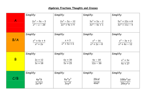 Algebraic Fractions Thoughts And Crosses By Leond06 Teaching