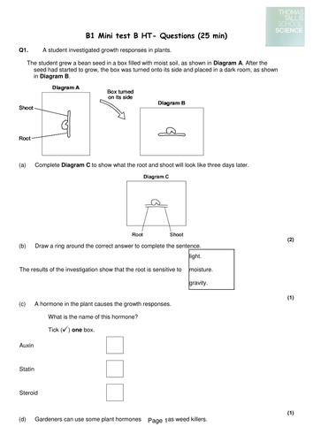 AQA B1 mini tests with mark schemes and ums