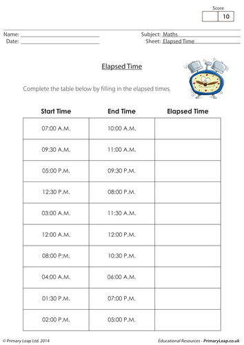 Maths resource - Elapsed Time Chart