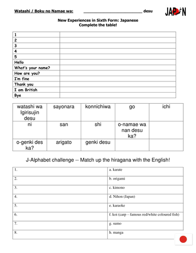 japanese language worksheet teaching resources