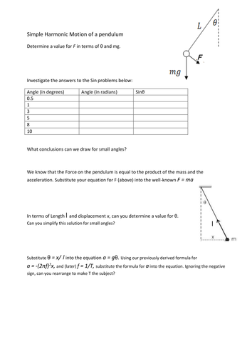 SHM Simple Harmonic motion of a pendulum worksheet