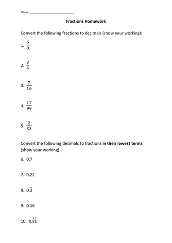 fraction decimal conversion worksheet teaching resources