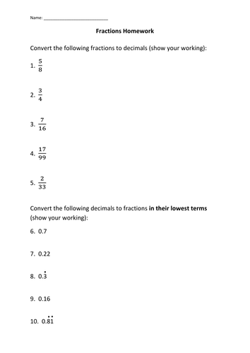 Fraction decimal conversion worksheet
