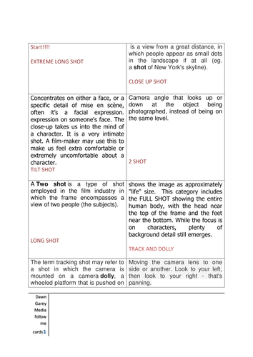 Media Camera Shot/type/angle follow-me cards
