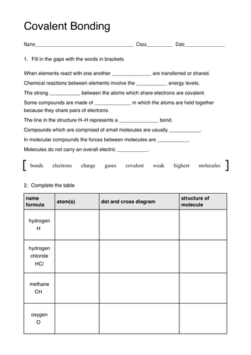 Covalent Bonding Worksheet Tes - worksheet