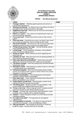 One-Minute Speeches - topics for unprepared orals