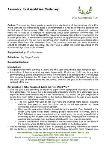 First World War Centenary assembly