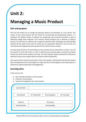 BTEC Unit 2: Managing a Music Product