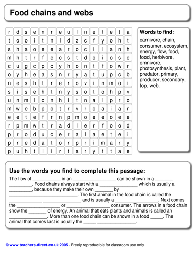 Food chains and webs word-search with CLOZE