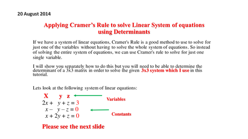 Applying Cramer's Rule to solve linear system of .