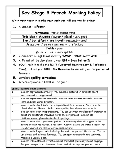 Pupil inserts - Marking Policy
