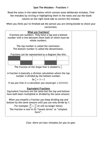Spot The Mistakes - Fractions