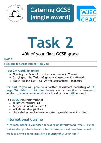 GCSE Catering 2.3: Task 2 Guide