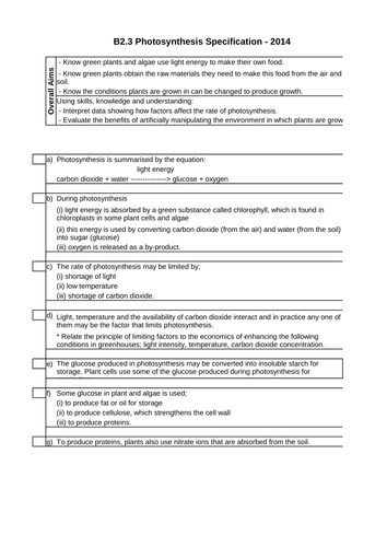 AQA B2.3 Photosynthesis Specification 2014