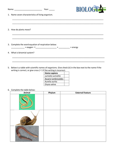 Classification & Characters of Living Things Test