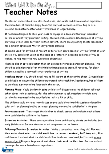 tes speech planning sheet Extras Holiday/Weekend  Day by  Back: Recount First