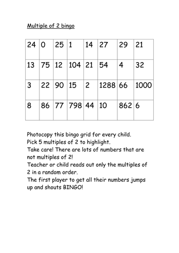 recognising multiples of 2 bingo KS 1/2 MATHS