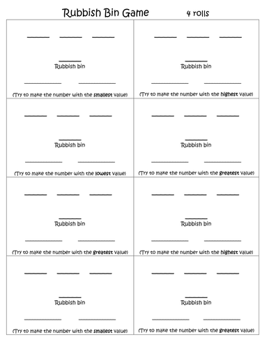 Rubbish bin game - place value activity
