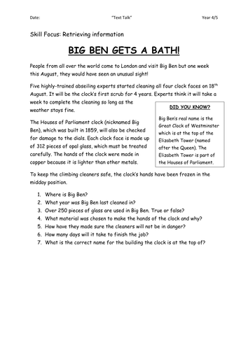 standard exercise english 1 Year 4 by and questions texts Comprehension Reading